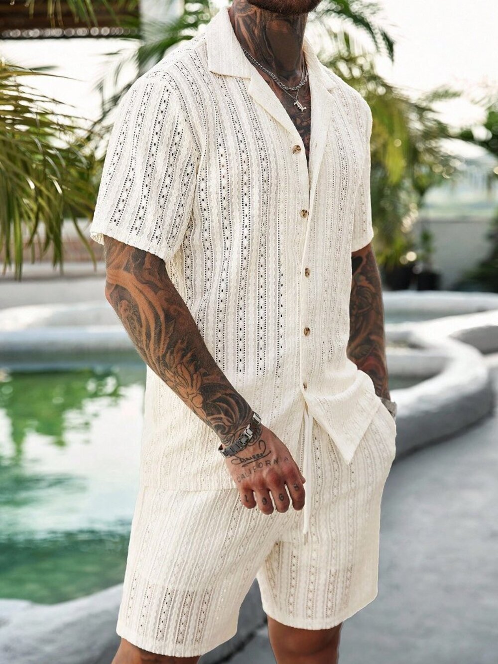 Beige Casual Men's Button-Down Hollow Shirt and Shorts Set